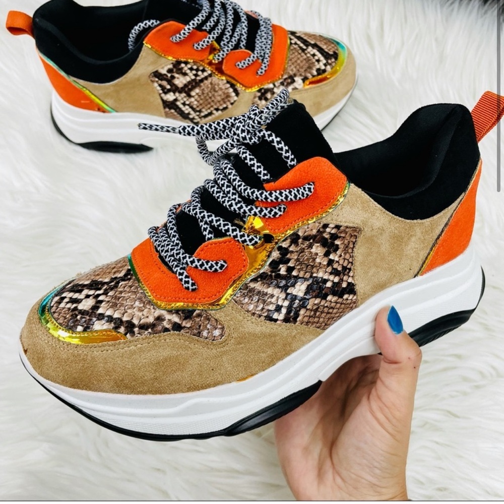 Tan, Snakeskin, Orange Chunky Sneaker